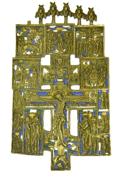 Крест киотный "Распятие с предстоящими, праздниками и святыми", XIX в., Россия