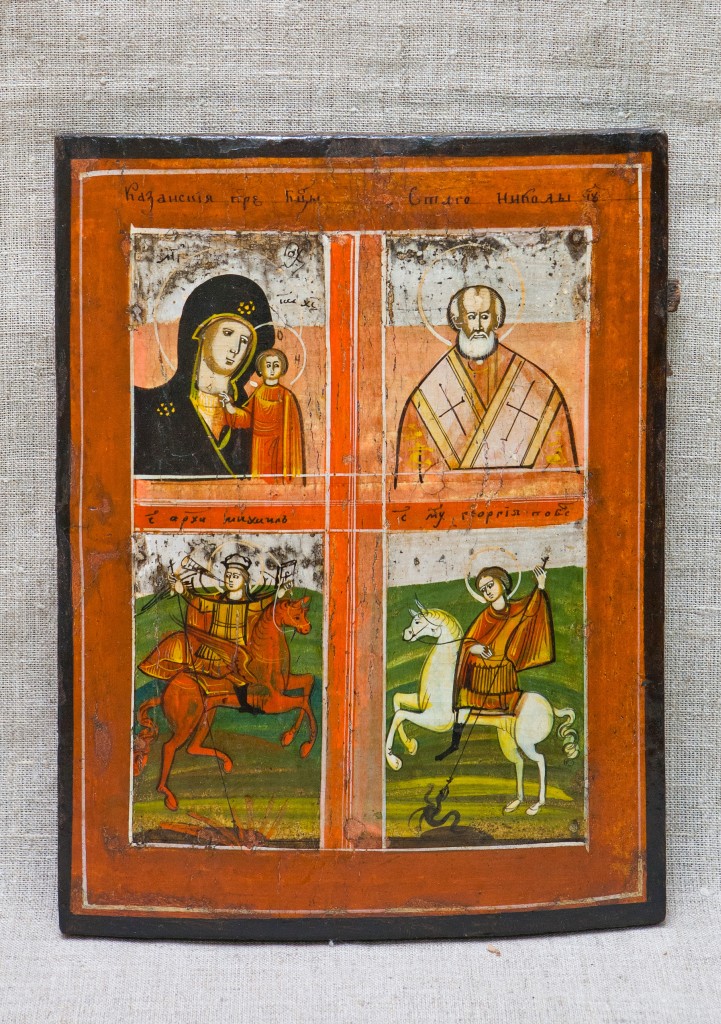 Икона "Богоматерь Казанская, св. Николай, архистратиг Михаил, св. великомученик Георгий" четырехчастная, XIX в., Архангельская губерния